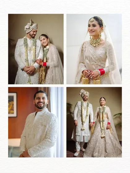 A collection of stunning portraits of the bride and groom on their wedding day, showcasing their beautiful attire and the love they share.