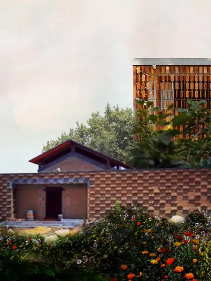 This collage showcases our biophilic design approach, combining the raw, earthy texture of a brick wall with lush greenery and a modern, porous brick facade to create architecture that breathes.