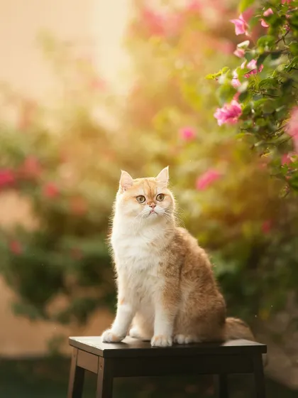 Meet my handsome buddy, Yuki! This gorgeous cat is chilling like the king he is, posing perfectly on a stool in the garden with beautiful flowers in the background.