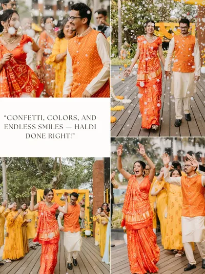 A collage of a couple's energetic Haldi entry, dancing their way through a shower of confetti and flowers.