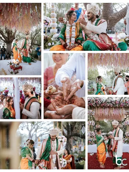 A detailed look into the rituals of a traditional Marathi wedding, capturing the sacred moments under a beautiful floral mandap.
