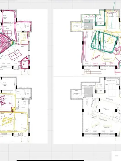 These are early layout explorations for the Capsul retail store. We use collaborative sketching sessions to quickly iterate on different spatial configurations, figuring out the best way to organize flow, display, and experience before committing to a final plan.