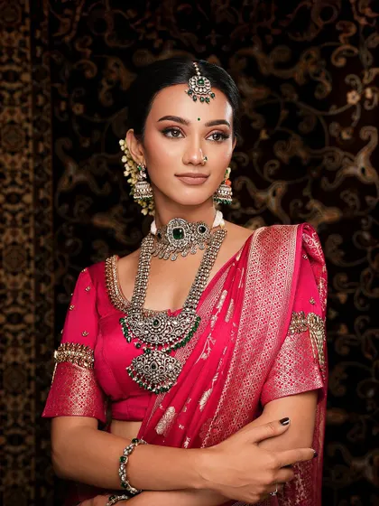 A close-up of the silver-finish oxidized jewellery, showing the intricate details and the contrast of the green stones against the dark pink saree.