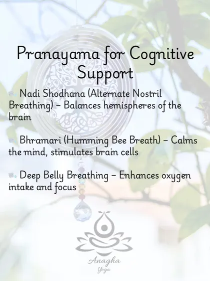 Pranayama is a key tool for cognitive support. This graphic details breathing techniques like Nadi Shodhana and Bhramari to balance brain hemispheres and calm the mind.