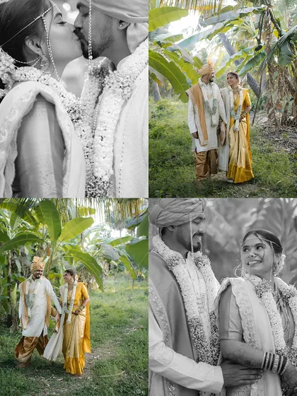 A collection of couple portraits from a fusion wedding, set in a lush banana grove. The mix of color and black and white images creates a romantic and timeless feel.