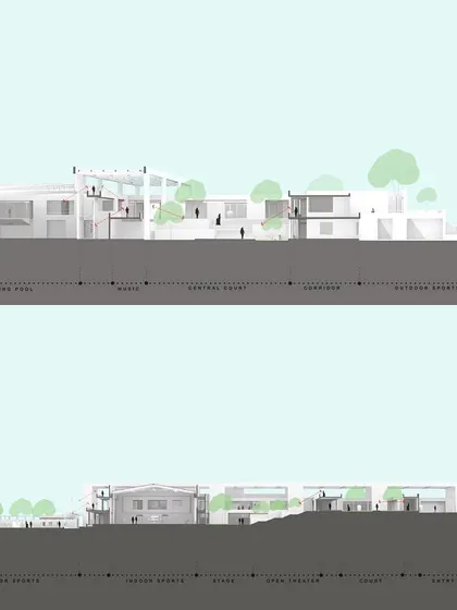 Sectional drawings of the IIM Sports Center, showing how the facilities are arranged on two levels in response to the site's contours.