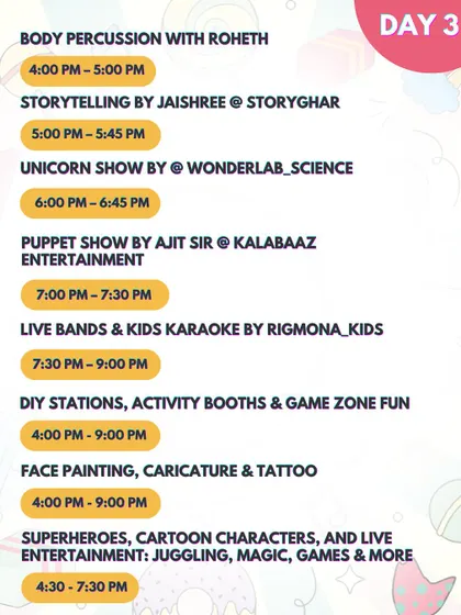 The Day 3 schedule for the Candylicious Carnival, with body percussion, more storytelling, and kids' karaoke. The fun never stops at the events I find for you.