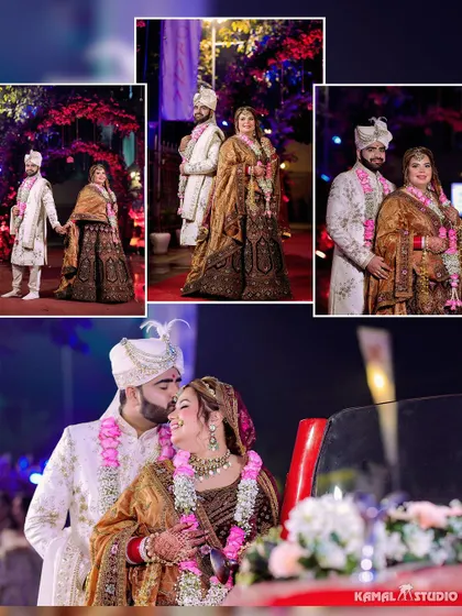 A collage of the couple's portraits, showing them walking together and sharing a kiss by their wedding car.
