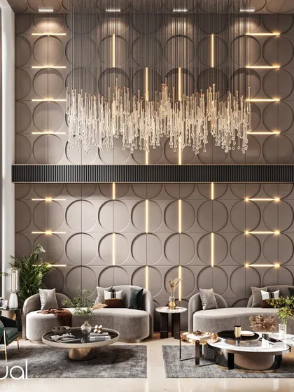 A duplicate of image 29, this render captures the impressive scale and lighting design of the duplex living room.