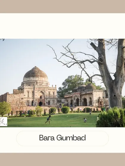 The Bara Gumbad and its adjacent mosque in Lodi Garden. This imposing square tomb is a fine example of Lodi architecture and likely served as a gateway to the mosque.