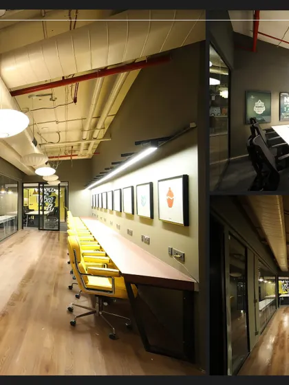 A collage of different areas within the Innov8 coworking space. It showcases the mix of wood floors, industrial ceilings, yellow accent chairs, and glass partitions that define its eclectic and contemporary style.