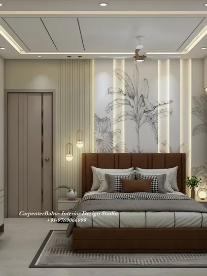 This bedroom features a beautiful hand-painted mural of palm leaves behind the bed, bringing a touch of tropical serenity to the space. The warm wood tones of the bed and side tables complete the look.