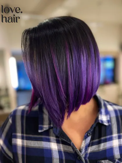 Another angle of this amazing purple bob. The sleek, straight styling really shows off the color and the cut. (No filter)
