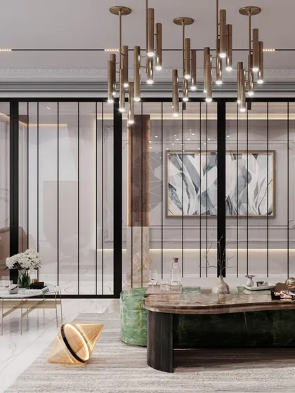 This view shows the use of fluted glass partitions to create a sense of separation without closing off the space. The design combines a live-edge coffee table with classic wall molding for a unique look.