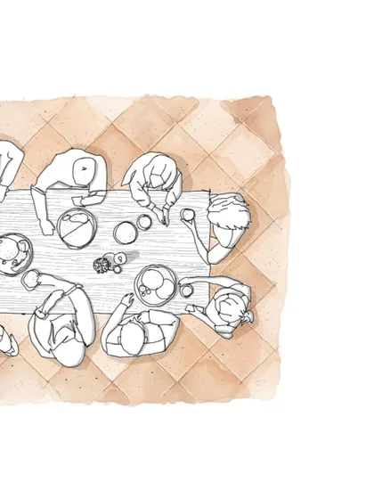 A top-down sketch imagining the communal dining table, a central feature designed to foster the inclusive spirit of Bangalore's darshinis. It's a stage for connection over a shared meal.