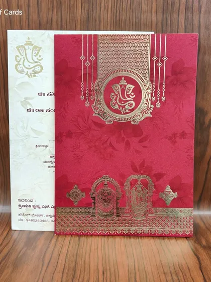 This red and gold invitation is adorned with both Ganesha and Tirupati Balaji motifs, perfect for a devout Hindu wedding.