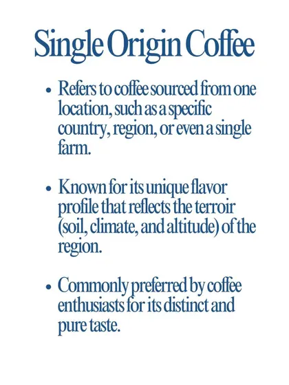 A definition of single-origin coffee, which is sourced from one specific location and reflects the unique terroir of that region.