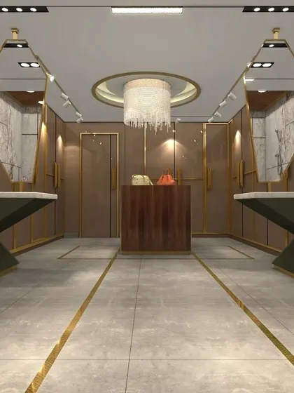 This master washroom in Gurgaon epitomizes luxury with a double vanity, custom cabinetry, and sophisticated dull gold accents.