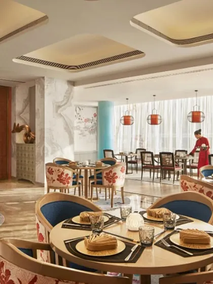 We had the honor of designing the interiors for The Oriental Pavilion at Taj Devi Ratn. Here, custom cherry blossom upholstery, coordinated carpets, and rich textiles create an immersive dining experience rooted in East Asian elegance.