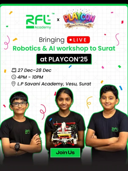 Surat parents, get ready for our live Robotics & AI workshop at PlayCon'25. This is a great opportunity for your child to explore, build, and learn in a fun environment.