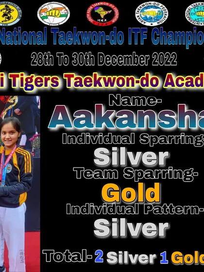 Celebrating the individual achievements of my student Aakansha, who secured one Gold and two Silver medals in team sparring, individual sparring, and pattern events at the National Championship.