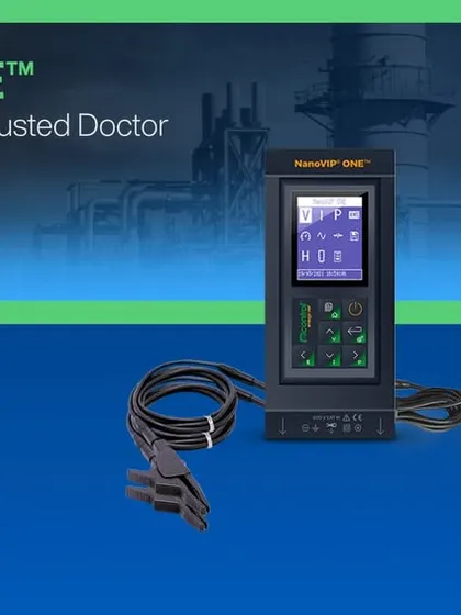 This promotional banner for Middle East Energy Dubai showcases the NanoVIP ONE as a diagnostic tool for energy managers. It helps detect issues early, pinpoint causes, and resolve them quickly to protect critical systems.