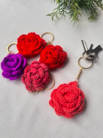 These crochet rose keyrings are so full and fluffy. They look beautiful attached to a set of keys or hanging from a handbag. I have them available in red, pink, and purple.
