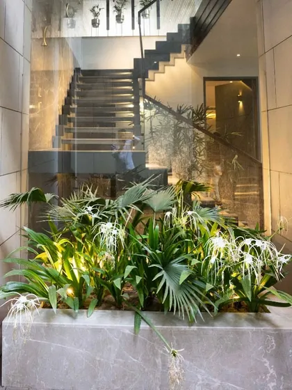 Making a frame in a space is an art. Here, we used a large planter to create a natural focal point at the base of a modern staircase, painting a beautiful picture on the blank canvas of the entryway.