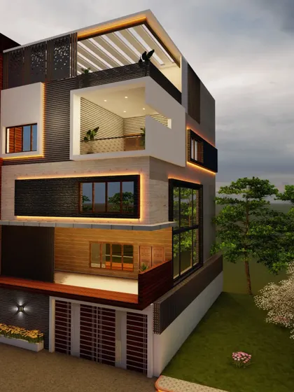 A side view of another elevation design, highlighting the texture of the dark brick and the sleekness of the wood paneling.