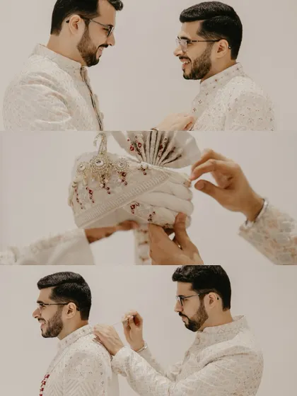 A sequence showing the groom's Safa (turban) being tied, a significant part of the groom's preparation.