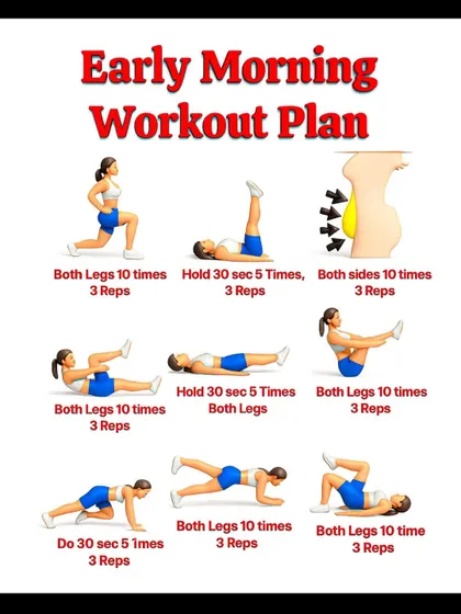 An early morning workout plan designed to target belly fat with a variety of crunches, leg raises, and holds.