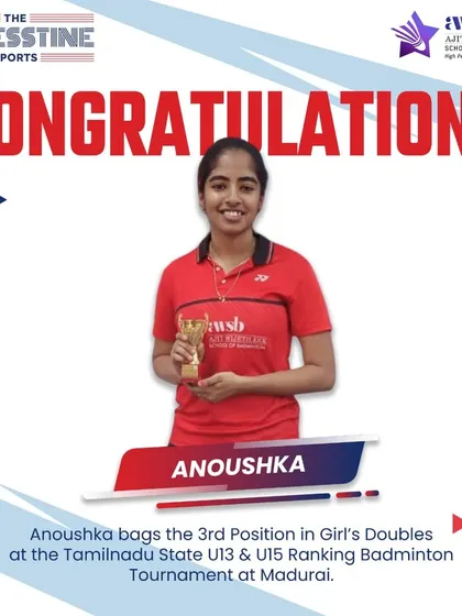Another win for Anoushka. Congratulations on securing the 3rd position in Girl's Doubles at the Tamilnadu State U13 & U15 Ranking Badminton Tournament.