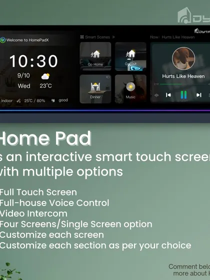 This graphic details the HomePad's many features, including its interactive touch screen, full-house voice control, video intercom, and customizable screen options.