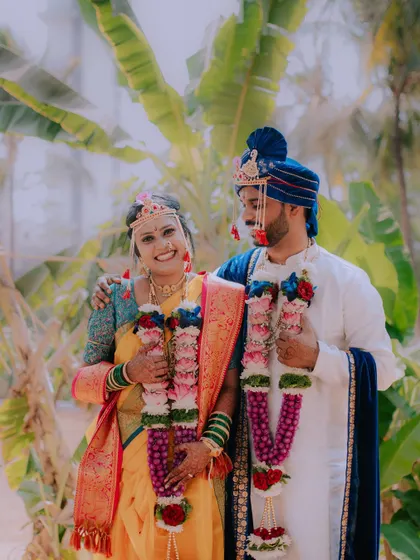 A happy and bright portrait of the newly married couple.