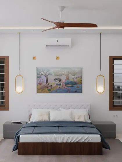 To create a cozy and sophisticated atmosphere in the bed area, I used low-hanging pendant lights and a tufted headboard. The large windows and white walls keep the space feeling bright and airy.