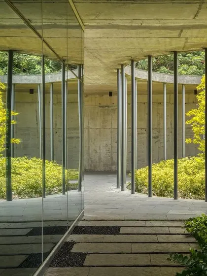 A view into a courtyard at the JSW Vasind Plant, where slender columns and glass walls create a porous boundary between the built and natural environments. The vibrant yellow foliage adds a striking splash of color against the concrete structure.