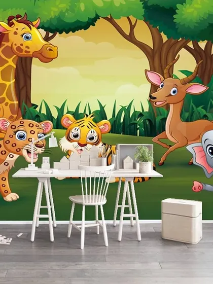 A duplicate of media 236, this cartoon jungle wallpaper is a popular choice for creating a fun and friendly atmosphere in kids' spaces.