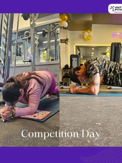 Competition Day during our anniversary week. This split image shows two members holding a plank, showcasing the fun and competitive spirit we encourage.