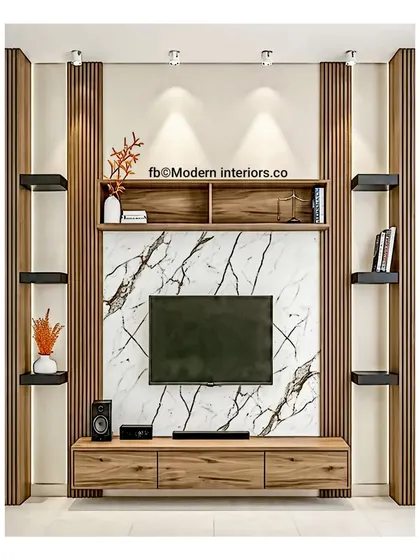 This design features a bold marble back panel that makes a real statement. I framed it with dark wood fluting and added minimalist black shelves on either side for a balanced and contemporary look.