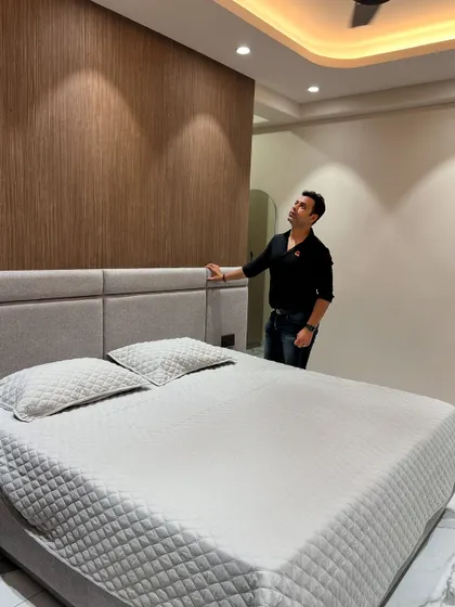 Final check of the details in this serene bedroom before handing it over to the client.