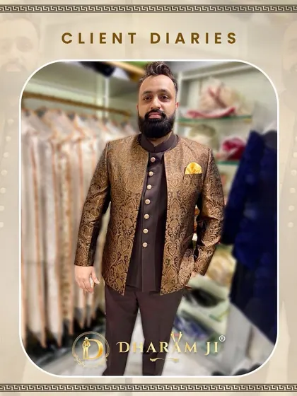 This client chose a rich brown brocade Jodhpuri jacket over a dark kurta. He looks sophisticated and ready for a wedding celebration.