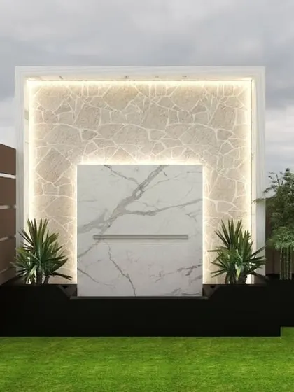 A 3D render of a modern, minimalist water feature. The design uses two types of marble for a subtle contrast, framed by an illuminated border and flanked by planters.