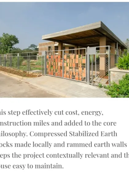 This publication notes how using locally made CSEB and rammed earth walls for the "Breathe" house cut costs, energy, and construction miles, adding to the core philosophy of sustainable building.