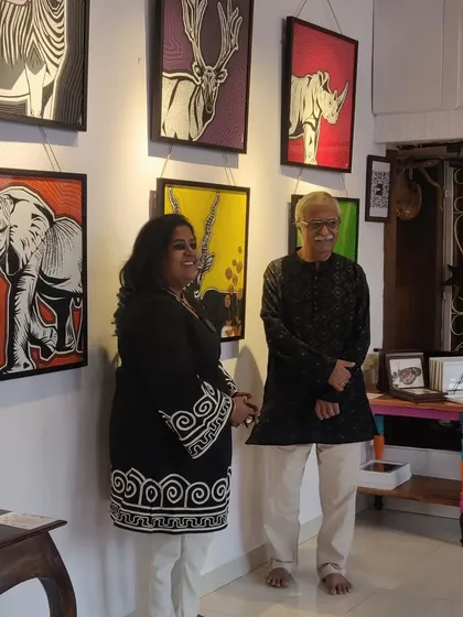 Artist Puja Kumari and senior cartoonist Sridhar Comaravalli at our gallery during her solo exhibition. We are proud to provide a platform for talented artists to showcase their work and engage with the community.