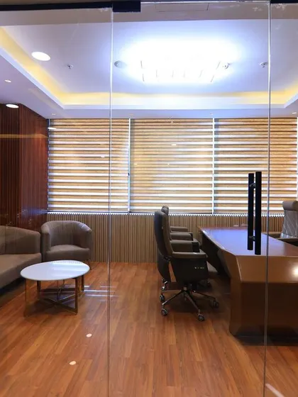A wide-angle view of a modern office cabin, demonstrating my commercial photography services for capturing professional interior designs and workspace branding.