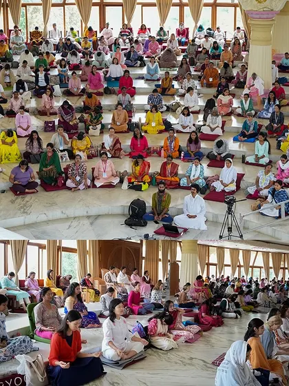 A wide view of the hall during the Monday morning Rudra Puja. People from all walks of life gather to sit and absorb the peaceful, healing vibrations of the ancient chants.
