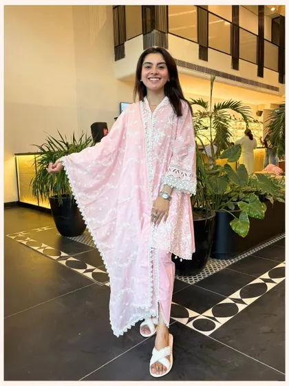 Pretty in pink. This soft pink kurta set features an elegant ombre effect and is finished with my signature lace trim for a feminine touch.