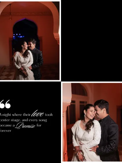 A creative layout that combines romantic couple portraits with a quote about their love story. The black background adds a touch of drama and sophistication.