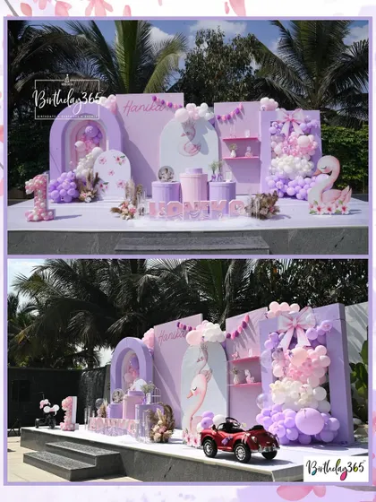 A beautiful swan-themed birthday party setup in soft pastel lavender and pink. This collage displays the full outdoor stage with custom arches, balloon arrangements, and elegant swan figures, perfect for a graceful celebration.
