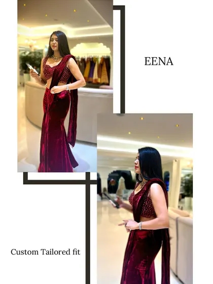 For a sizzling reception or cocktail look, I designed this maroon velvet outfit. It features a sleek fish-cut skirt paired with a dazzling crystal-embellished blouse and a pre-draped dupatta for effortless glamour.